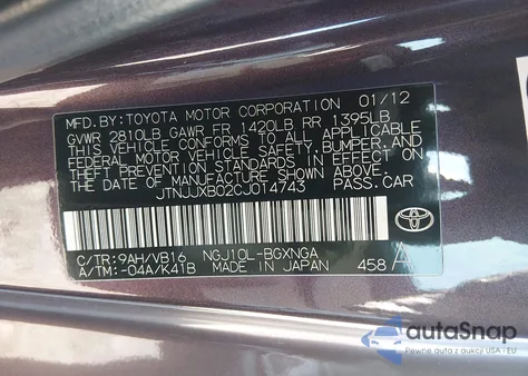 2012 Scion Iq from USA, damaged, VIN JTNJJXB02CJ014743